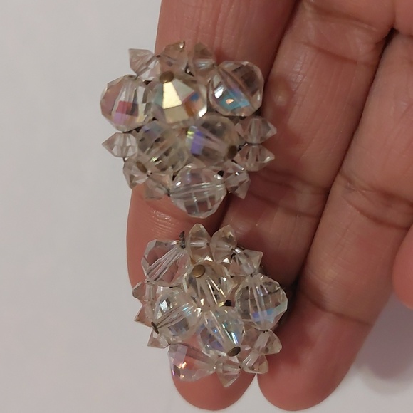 Vintage Germany AB Rhinestones Aurora Borealis Clip On Earrings - Picture 2 of 7